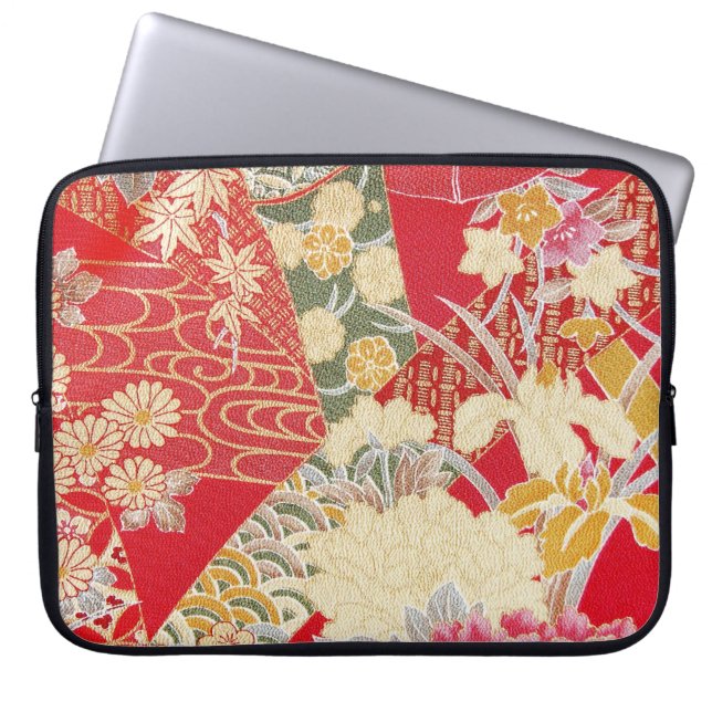 Japanese KIMONO Textile, Floral Pattern Laptop Sleeve (Front)
