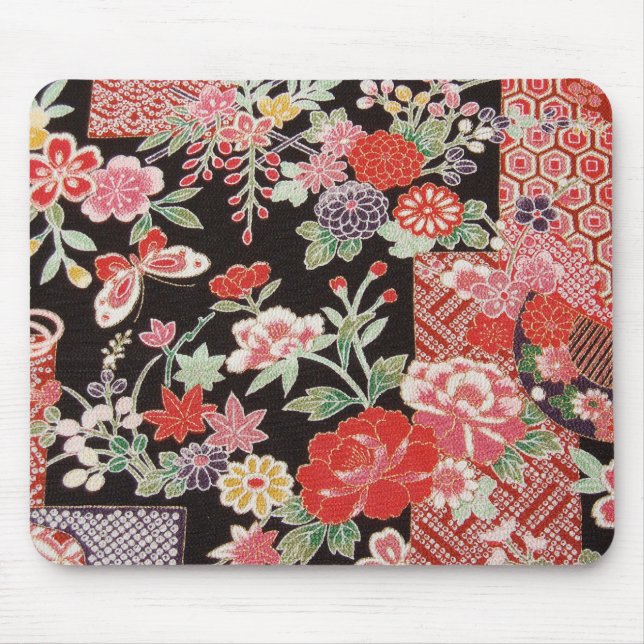 Japanese KIMONO Textile, Floral Pattern Mouse Mat (Front)