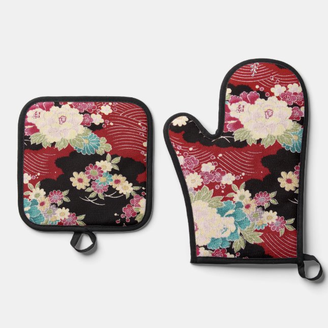 Japanese KIMONO Textile, Floral Pattern Oven Mitt & Pot Holder Set (Front)