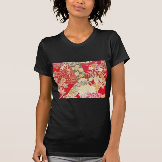 Japanese KIMONO Textile, Floral Pattern T-Shirt (Front)