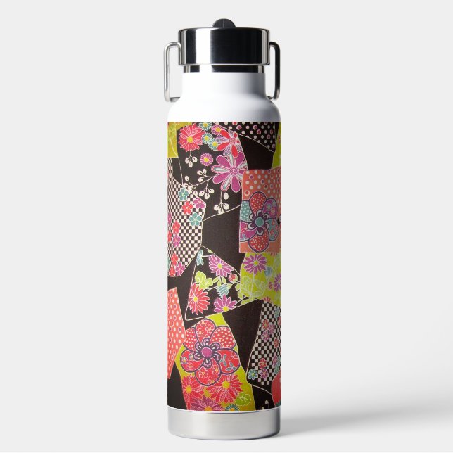 Japanese KIMONO Textile, Floral Pattern Water Bottle (Front)
