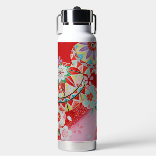 Japanese KIMONO Textile, Floral Pattern Water Bottle