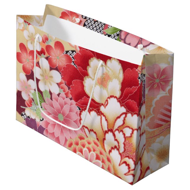 Japanese KIMONO Textile, Floret Pattern Large Gift Bag (Front Angled)