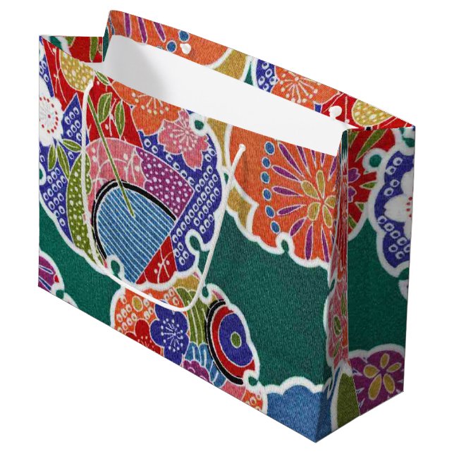 Japanese KIMONO Textile, Floret Pattern Large Gift Bag (Front Angled)
