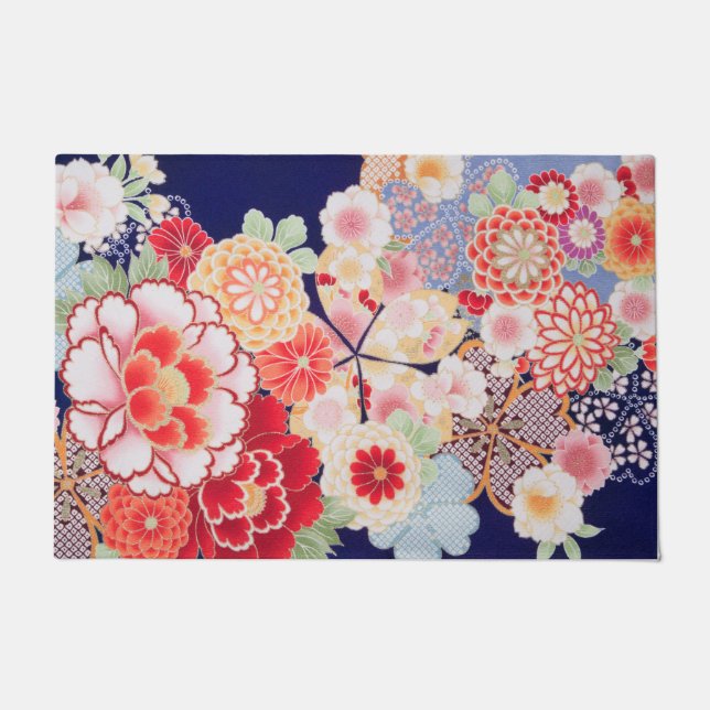 Japanese KIMONO Textile, Flower Doormat (Front)