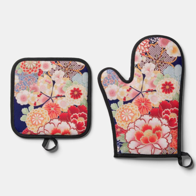 Japanese KIMONO Textile, Flower Oven Mitt & Pot Holder Set (Front)