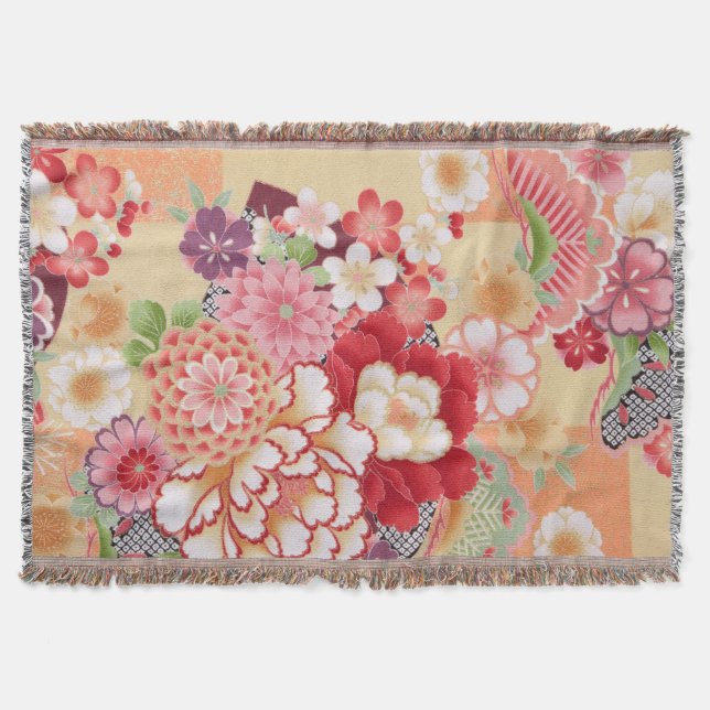 Japanese KIMONO Textile, Flower Throw Blanket (Front)