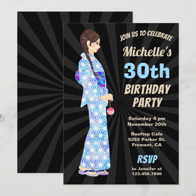 Japanese Kimono Woman Birthday Party Invitation (Front/Back)
