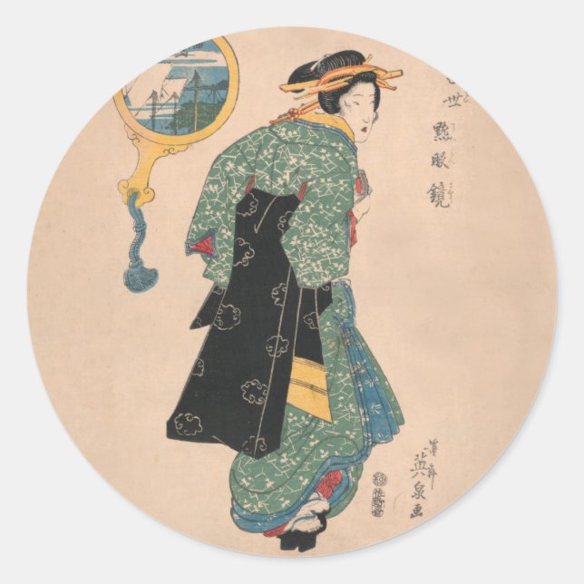 Japanese Kimono Woman: Ukiyo-e Woodblock Print  Classic Round Sticker (Front)