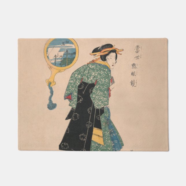 Japanese Kimono Woman: Ukiyo-e Woodblock Print  Doormat (Front)