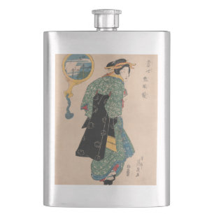 Japanese Kimono Woman: Ukiyo-e Woodblock Print  Hip Flask