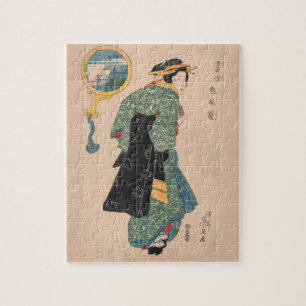 Japanese Kimono Woman: Ukiyo-e Woodblock Print  Jigsaw Puzzle