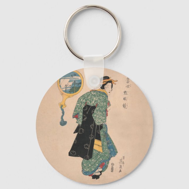 Japanese Kimono Woman: Ukiyo-e Woodblock Print  Key Ring (Front)