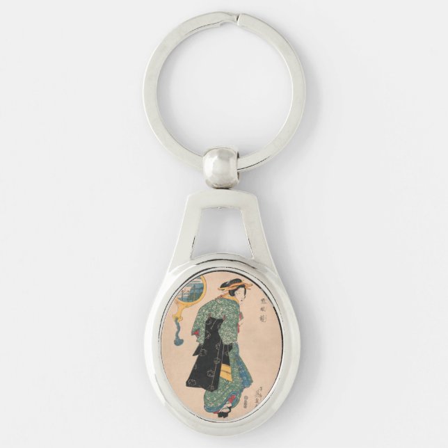 Japanese Kimono Woman: Ukiyo-e Woodblock Print  Key Ring (Front)