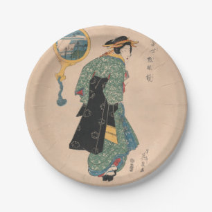 Japanese Kimono Woman: Ukiyo-e Woodblock Print  Paper Plate