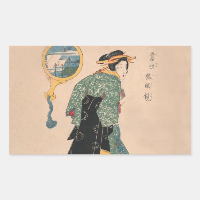 Japanese Kimono Woman: Ukiyo-e Woodblock Print  Rectangular Sticker (Front)