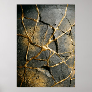 Japanese Kintsugi Gold Cracked Stone Dark Wabi Sab Poster