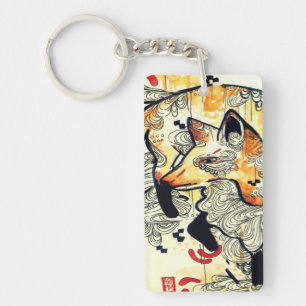 Japanese kitsune fox drawing, orange fox art key ring