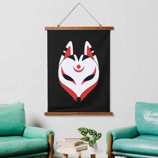 Japanese Kitsune Fox Mask on Black Hanging Tapestry (Living Room)