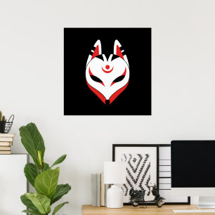 Japanese Kitsune Fox Mask on Black Poster