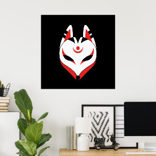 Japanese Kitsune Fox Mask on Black Poster