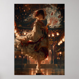 Japanese Kitsune Miko Shrine Maiden Anime Fantasy Poster