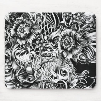 Japanese koi and lotus flowers tattoo style art mouse mat