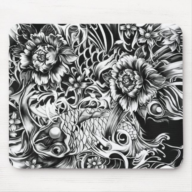 Japanese koi and lotus flowers tattoo style art mouse mat (Front)