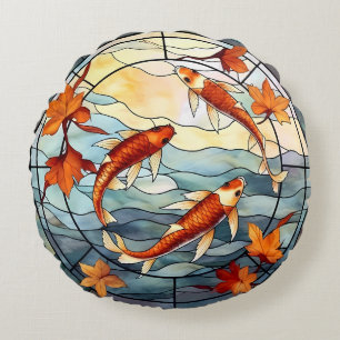 Japanese Koi Fish and Autumn Leaves Round Cushion