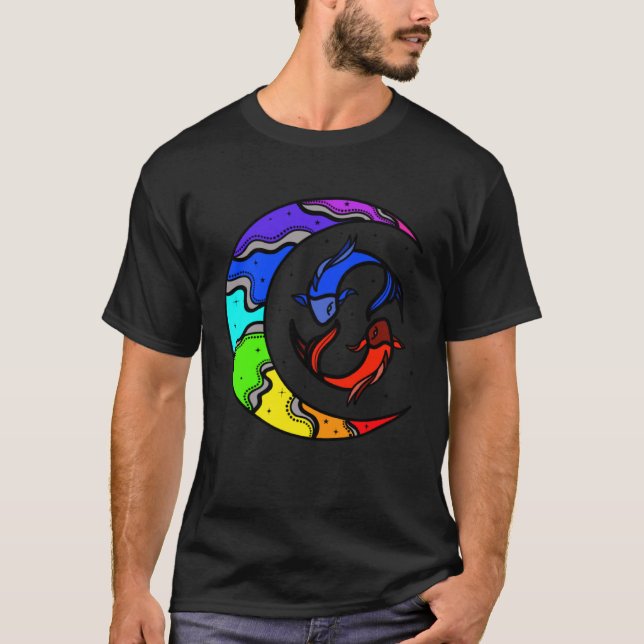 Japanese Koi Fish and Crescent Moon With Rainbow C T-Shirt (Front)