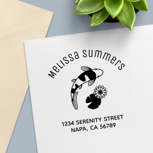 Japanese Koi Fish and Water Lily Arch Address Self-inking Stamp (Creator Uploaded)