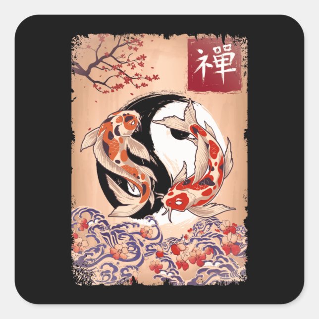 Japanese Koi Fish Cherry Blossom Carp Flower Square Sticker (Front)