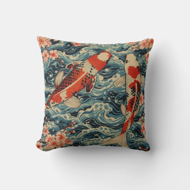 Japanese Koi Fish & Cherry Blossom— Ukiyo-e Wave  Cushion (Front)