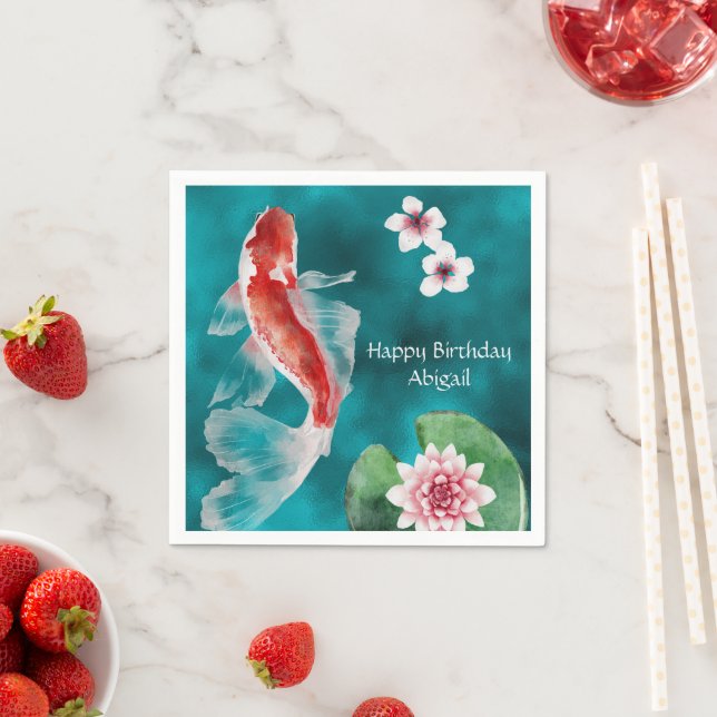 Japanese Koi Fish, Cherry Blossoms Japan Birthday Napkin (Insitu)