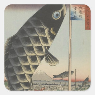 Japanese Koi Fish Festival Flag Antique Square Sticker
