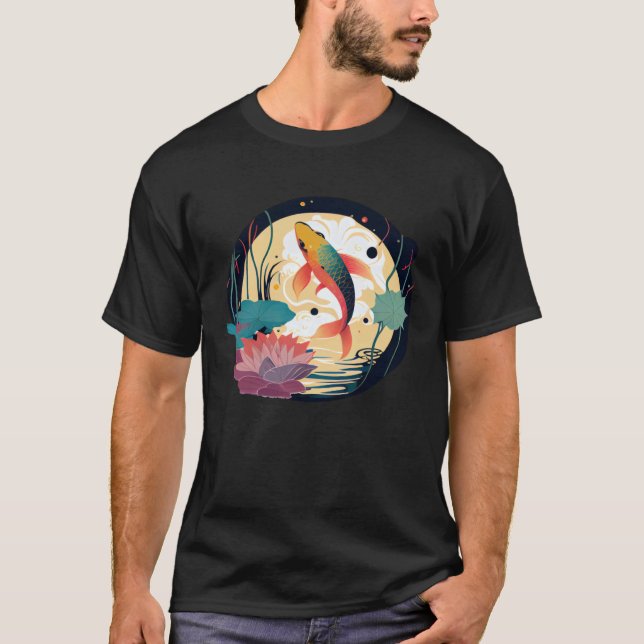 Japanese Koi fish jumping out of pond lotus lilly  T-Shirt (Front)