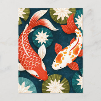 Japanese Koi Fish Lotus Flowers Zen Garden Announcement Postcard
