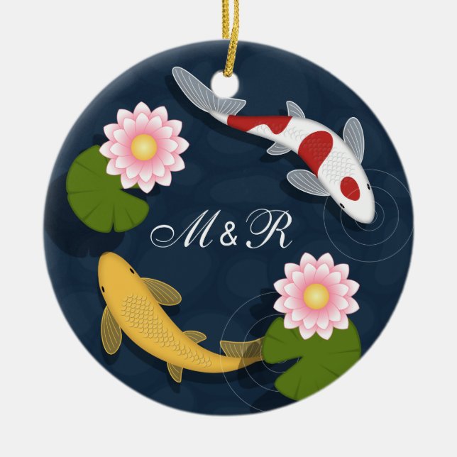 Japanese Koi Fish Monogram Initials Ceramic Tree Decoration (Front)