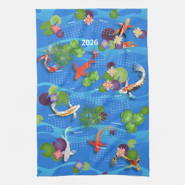 Japanese Koi Fish Pond 2026 Calendar Tea Towel (Vertical)