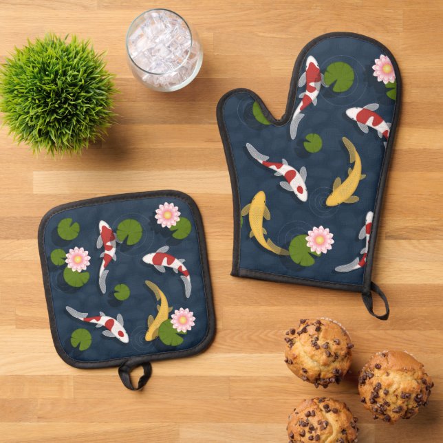 Japanese Koi Fish Pond Oven Mitt & Pot Holder Set (Top Down)