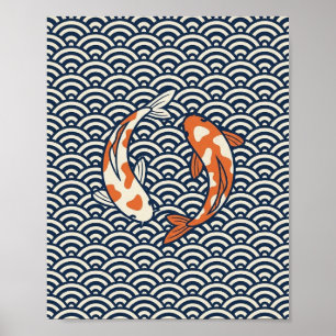 Japanese Koi Fish Poster, Yin Yang Koi Seigaiha Poster