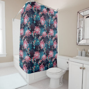 Japanese Koi Fish & Red Chrysanthemums Deep Teal Shower Curtain