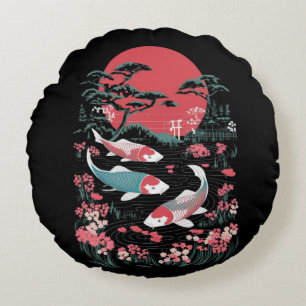 Japanese Koi Fish – Red Sun and Sakura Pond Round Cushion