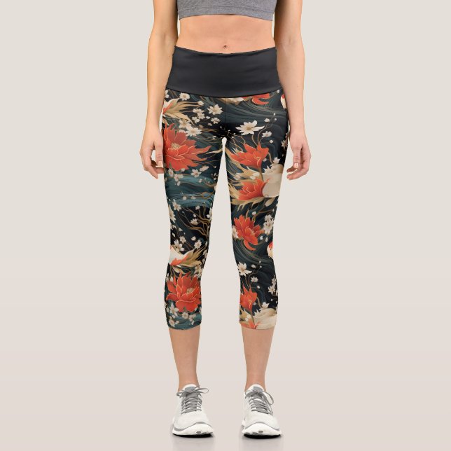 Japanese Koi Fish Seamless Pattern Capri Leggings (Front)