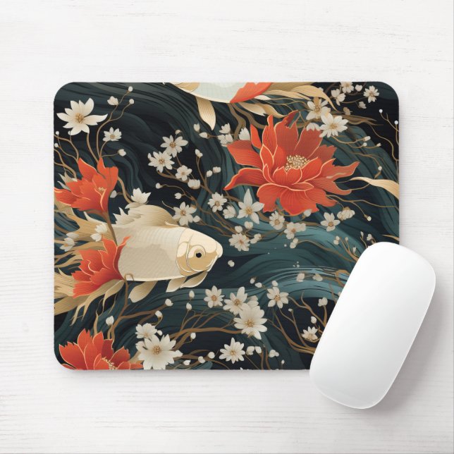 Japanese Koi Fish Seamless Pattern Mouse Mat (With Mouse)