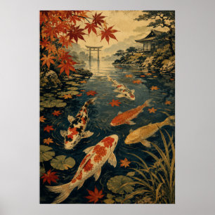 Japanese Koi Fish Wave Poster Vintage Red Sun Wa