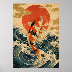 Japanese Koi Fish Wave Poster Vintage Red Sun Wa