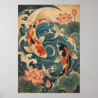 Japanese Koi Fish Wave Poster | Vintage Red Sun Wa