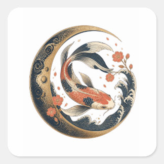 Japanese Koi Fish Yin Yang Floral Tattoo Art Square Sticker