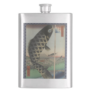 Japanese Koi Hiroshige Fish Festival Flag Hip Flask